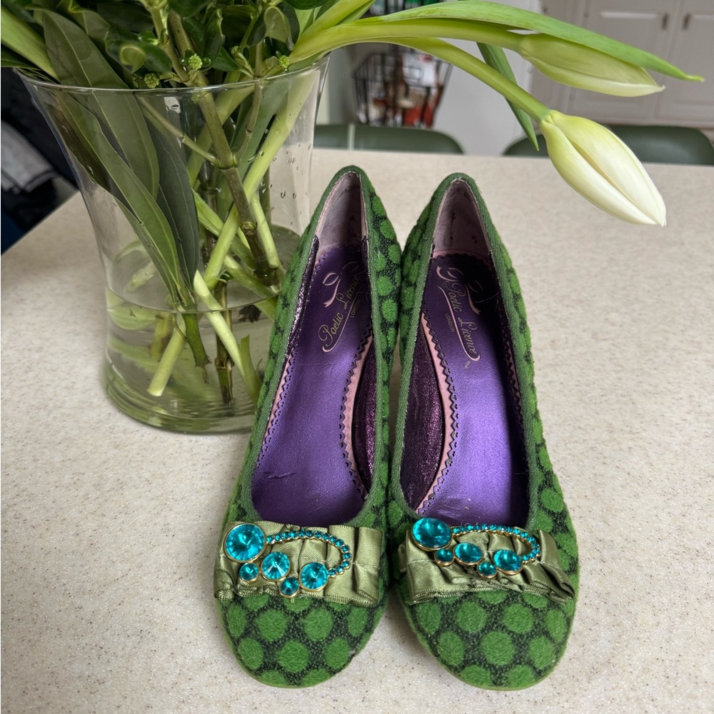 Poetic License Green Heels with Blue Gem Details